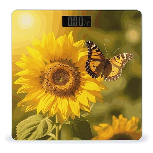 Sunflower Butterfly Sunny Scale with LCD Easy-to-Read Anti-Slip Weight Digital Bathroom Scale Precision Weighing Scales Sturdy Tempered Glass Body Weight Scales for Daily Use