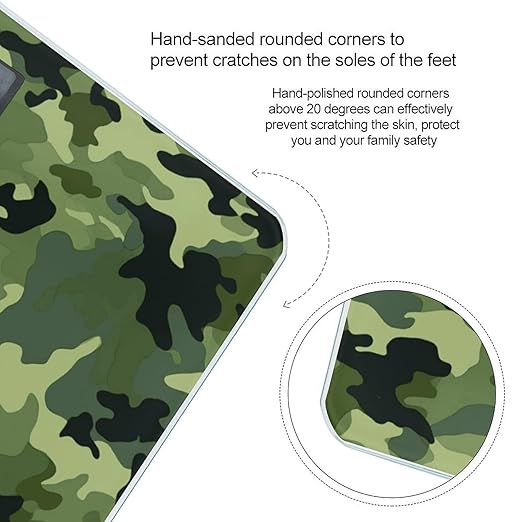 Camo Green Scale for Body Weight Safe Rounded Corners Tempered Glass Digital Bathroom Scale LED Display 400lb Capacity Weight Scales with High Precision Sensors
