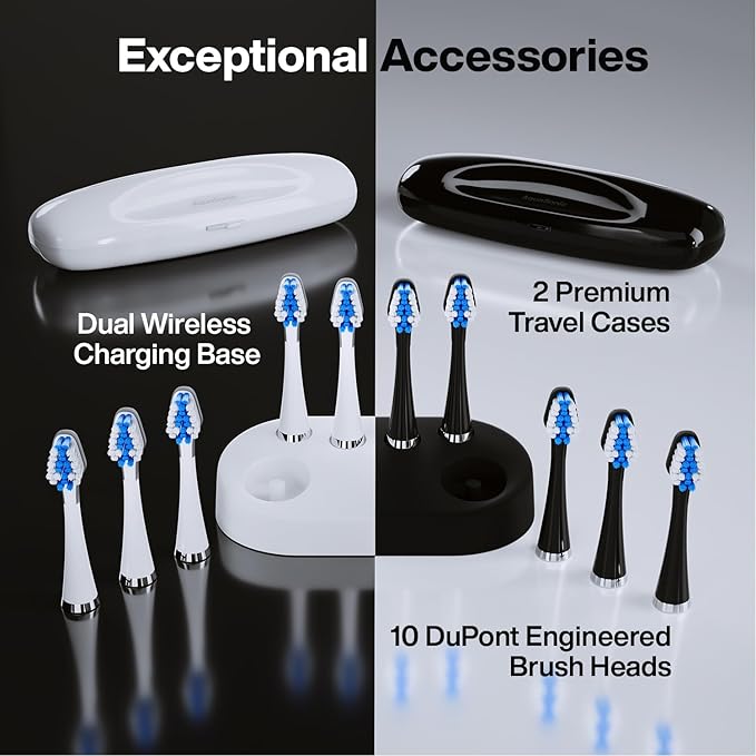 Aquasonic Duo - Dual Handle Ultra Whitening 40000 VPM Wireless Charging Electric ToothBrushes - 3 Modes with Smart Timers - 10 Dupont Brush Heads &amp 2 Travel Cases Included (Pack of 2)