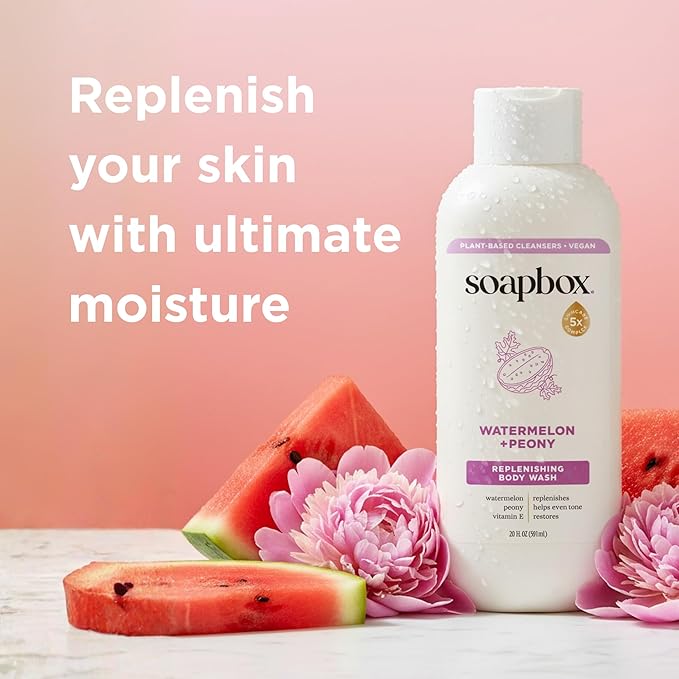 Soapbox Body Wash Watermelon + Peony Body Wash for Women Men Vegan &amp Antioxidant Rich Exfoliating Moisturizing Soap with Shea Butter Peptides &amp Keratin Promoting B3 3 Pack 20oz Each