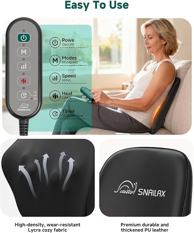 Snailax Shiatsu Back Massager with Heat Neck Shoulder Massager for Pain Relief Deep Tissue 4D Kneading Back Massage Pillow 3 Speed/3 Modes Portable for Home Office Car Use