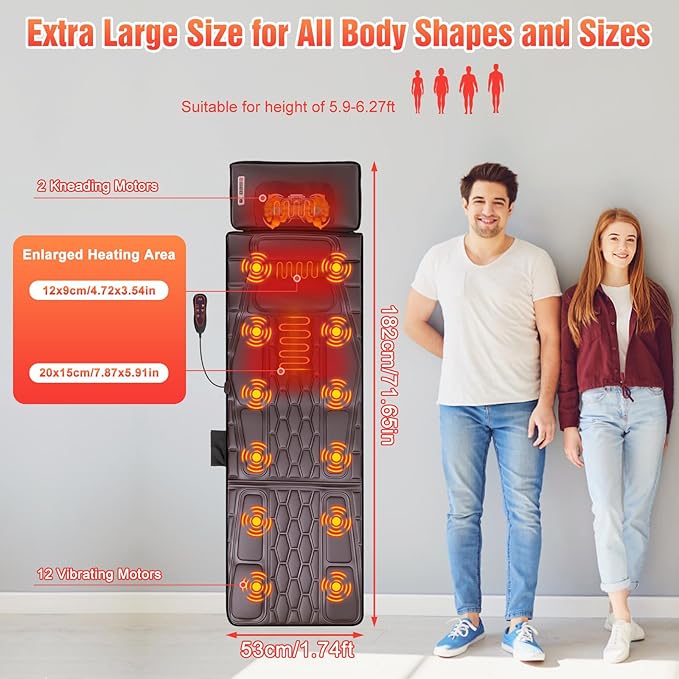 Full Body Massage Mat with Heat 12 Vibration Nodes Massage Chair Pad with 3 Heating Levels Multifunctional Full Body PU Relaxation Seat Back Massager with Head Neck Pillow for Home Office