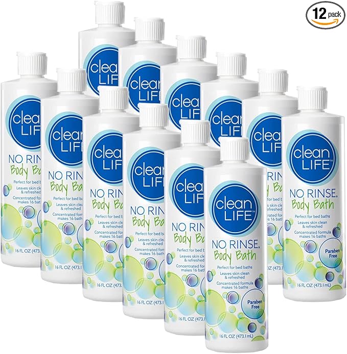 No-Rinse CleanLife Products Body Bath 16 fl oz (Pack of 12 Makes 192 Complete Baths) – Gentle Concentrated Liquid Body Wash Made in USA – Ideal for Post-Surgery Elderly Care Camping and Travel
