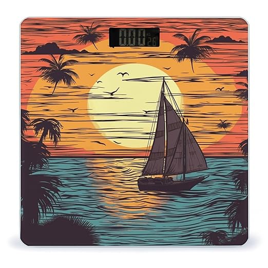Sunset and Sailboat Weight Scale Digital Electronic Scales Bathroom Scale Larg LCD Backlight Display High Precision MeasurementsTempered Glass