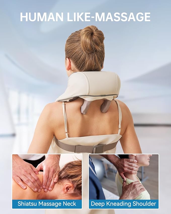 Neck and Shoulder Massager for Pain Relief Deep Tissue-Shiatsu Deep Kneading Massager with Heat to Relieve Neck Shoulder Back Waist Leg Muscle Soreness Fatigue (Beige)