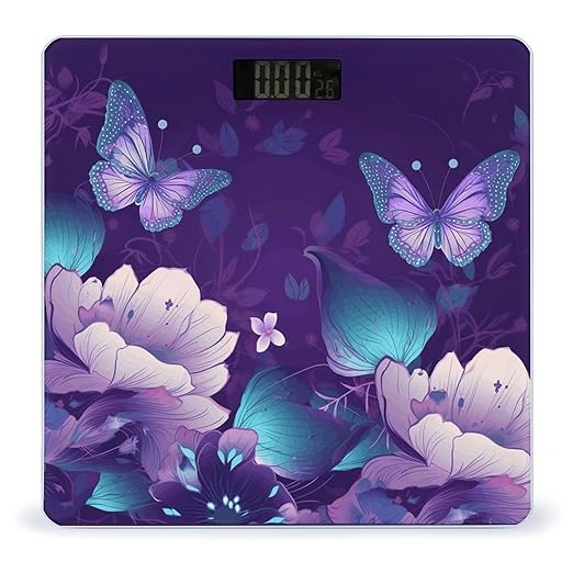 Blue Purple Flower Butterfly Scale for Body Weight Accurate Digital Bathroom Scale Toughened Glass High Precision Scales Smart Weight Scales with Large LCD Backlight Display Weighing Machine
