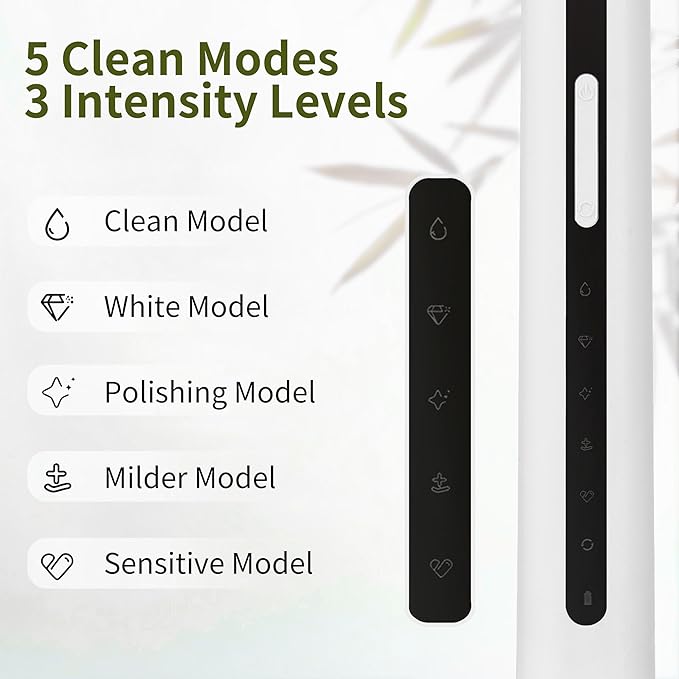 Bamboo Electric Toothbrush丨Rechargeable Electric Toothbrush with 4 Bamboo Heads Soft Castor Oil Bristles5 Moedes&amp3 Intensities 45 Days Battery Life IPX7 Waterproof-White
