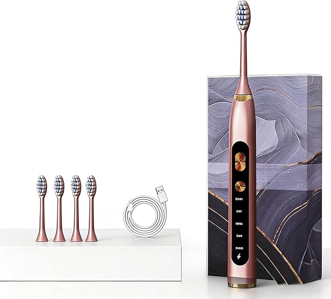 Magnetic Levitation Sonic Adult Electric Toothbrush USB Charging Fully Automatic Vibrating Soft Bristled Toothbrush Provide 5 Cleaning Modes 3 Intensities 4 Soft Brush Heads. (Rose Gold)