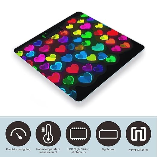 Rainbow Hearts Weight Scale Digital Electronic Scales Bathroom Scale Larg LCD Backlight Display High Precision MeasurementsTempered Glass