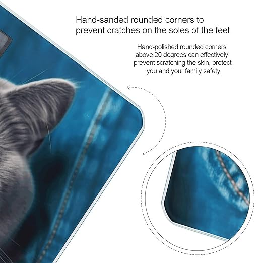 Blue Cat Sticking Out Tongue Scale for Body Weight Anti-Slip Tempered Glass Digital Bathroom Scales Clear LCD Display Weighing Scale Safe Rounded Corners Smart Scales