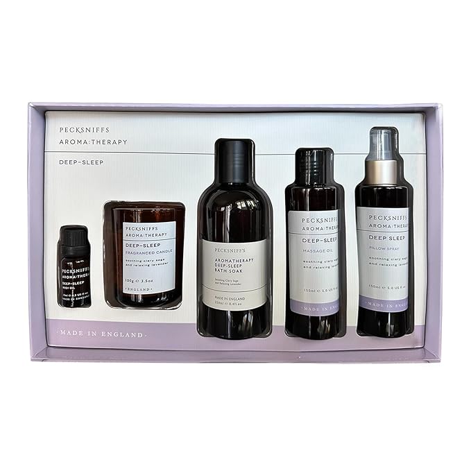Pecksniff's Fragrance Gift Sets Luxurious Handcrafted in England (Aroma:Therapy Deep-Sleep: Bath Soak Candle Pillow Spray Massage Oil)