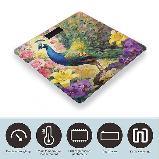 Flowers and Feathers Weight ScaleClear LED Display Bathroom Digital Weighing ScaleTempered Glass Digital Bathroom Scale for Body Weight Capacity Up to 400 Lbs