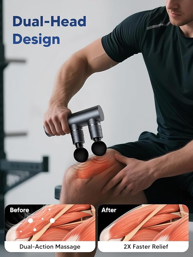 arboleaf Massage Gun Deep Tissue with Double Heads Full-Metal Electric Portable Handheld Massager for Back Shoulder Sore Muscles Pain Relief 5 Modes Seamless Speed Control