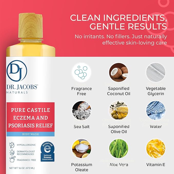Dr. Jacobs Naturals Hypoallergenic Castile Soap Dermatologist Tested Unscented Soap for Eczema &amp Psoriasis Relief - Sensitive Skin Body Wash Vegan &amp Gluten-Free Formula for All-Day Hydration