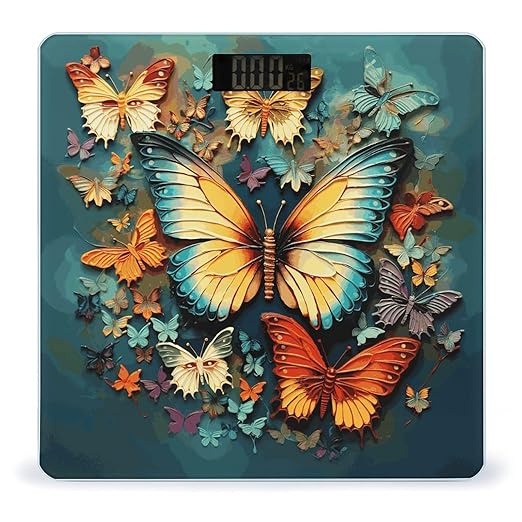 Colorful Butterfly Embroidery Paintings Digital Bathroom Scale for Body Weight with High Precision Digital Weighing Scale with BMI Clear LCD Display and Step-On Measures Weight Up to 180kg