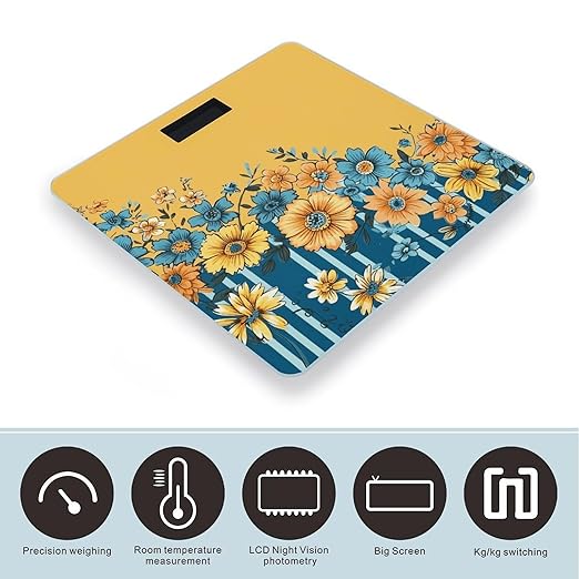 Yellow and Blue Floral Scale for Body Weight Digital Bathroom Scale Accurate Smart Weight Scales with Large Display Weighing Machine High Precision Scales