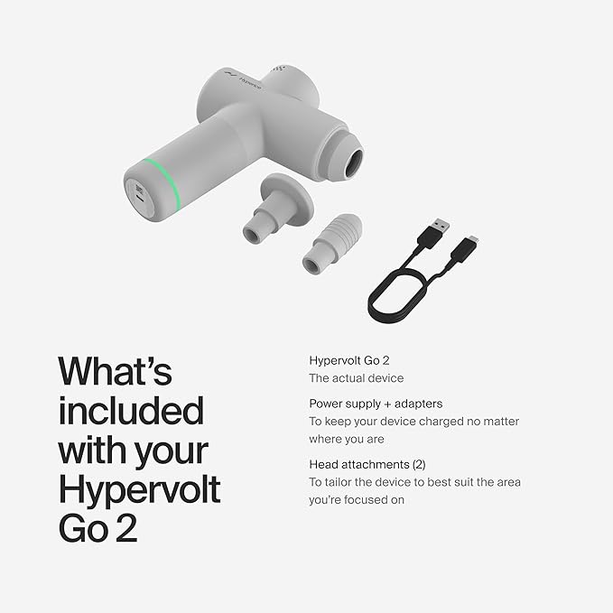 Hyperice Hypervolt Go 2 - Arctic Grey - Featuring Quiet Glide Technology - Handheld Percussion Massage Gun - 3 Speeds 2 Interchangeable Heads - Helps Relieve Sore Muscles and Stiffness