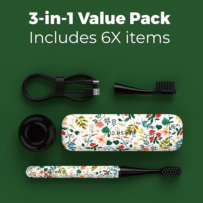 MIPOW Brush GO SlimPro i4 Electric Toothbrush Rechargeable Smart Ultra Sonic 3 Modes Travel Case &amp Ceramic Dock 60Day Battery Soft Bristles 2 Heads IPX7 Waterproof Color-FloraBloom Edition