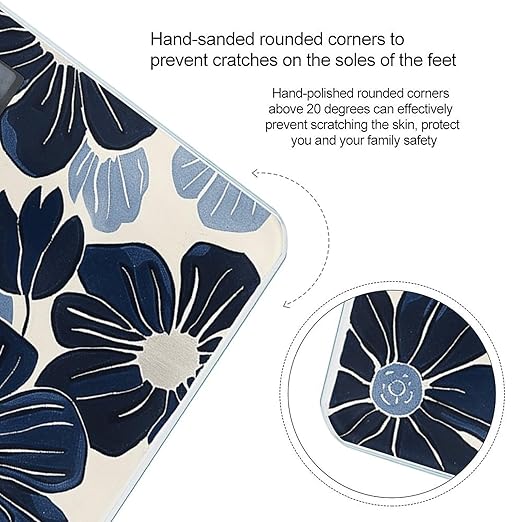 Navy Blue Flowers Scale for Body Weight Sturdy Tempered Glass Weighing Scales with LCD Display Accurate Digital Bathroom Scale Convenient Body Fat Smart Scales Easy Read