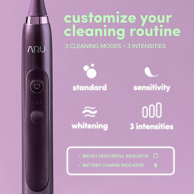 ARU Sonic Toothbrush Starter Kit with Customizable Modes and 2 Minute Timer ADA-Approved Electric Toothbrush for Adults Soft Toothbrush for Gums 45+ Days Battery Travel Case Amethyst Purple