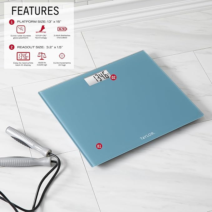 Taylor Digital Extra-Wide Extra High 500lb Capacity Bathroom Scale for Body Weight Ultra Wide Platform Digital Weighing Machine for People Easy-to-Read Slate Blue
