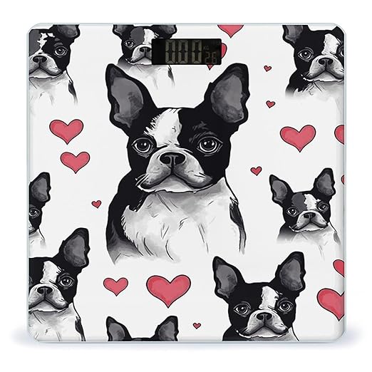 Boston Terrier Red Heart Dog Weight Scale Large Bathroom Scales Digital Weight with Bright LED Display Non Slip Automatic Weighing Scale Fashion Weighing Machine for Body