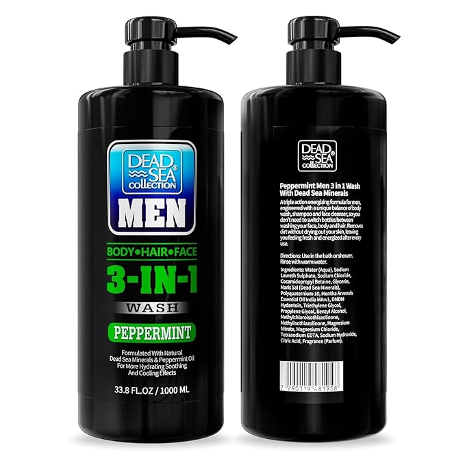 Dead Sea Collection Peppermint Men’s Body Wash – 3 in 1 Body Wash for Men for Hair Face &amp Body – Moisturizing Shower Gel with Dead Sea Minerals – Pack of 2 (33.8 fl oz each)