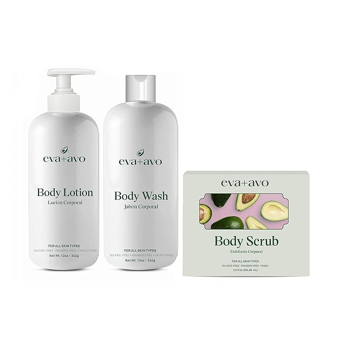 Eva + Avo Body Care Kit with Body Wash Body Lotion and Body Scrub Hydrating and Nourishing Set for Women’s Daily Ritual Complete Solution for Smooth Healthy and Radiant Skin