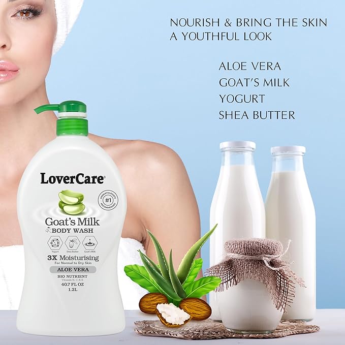 LoverCare Goat's Milk Moisturizing Body Wash Shower Cream Aloe Vera 40.7 Fl.Oz - Pack of 2