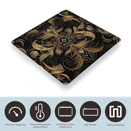 Black and Golden Pattern Scale for Body Weight Highly Accurate Digital Bathroom Scale Sturdy Tempered Glass Weighing Scales with LCD Display Fashion Body Fat Smart Scales 400lb
