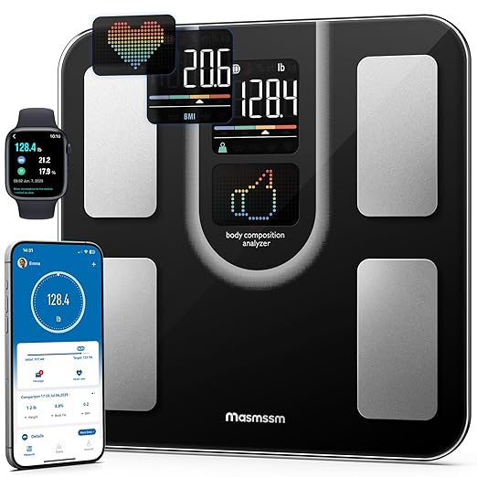 Scale for Body Weight FSA&ampHSA Eligible Smart Scale with 9-in-1 VA Display Bathroom Scale with 22 Body Metrics Heart Rate BMI Body Fat Muscle Mass Compatible with iOS &amp Android
