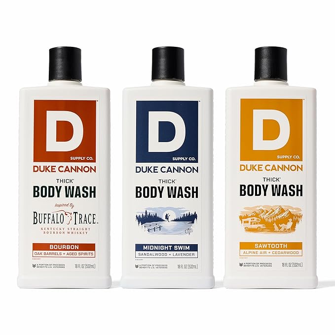 Duke Cannon Supply Co. Thick High Viscosity Body Wash - 3X Thicker Plant-Based Body Wash for Men with Lasting Scent - Mens Body Scrub - Sawtooth Midnight Swim &amp Bourbon (18oz)