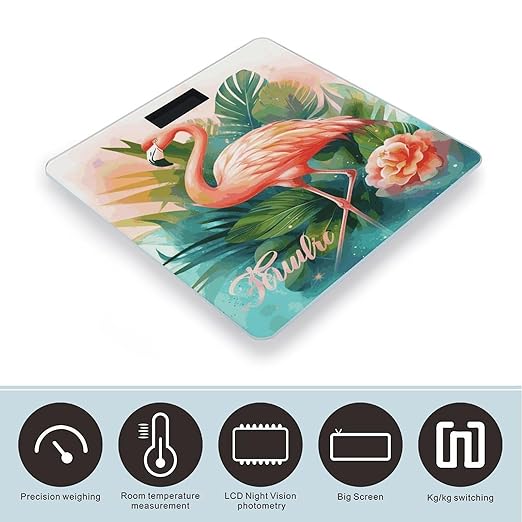 Tropical Flamingo Scale with LCD Easy-to-Read Anti-Slip Weight Digital Bathroom Scale Precision Weighing Scales Sturdy Tempered Glass Body Weight Scales for Daily Use