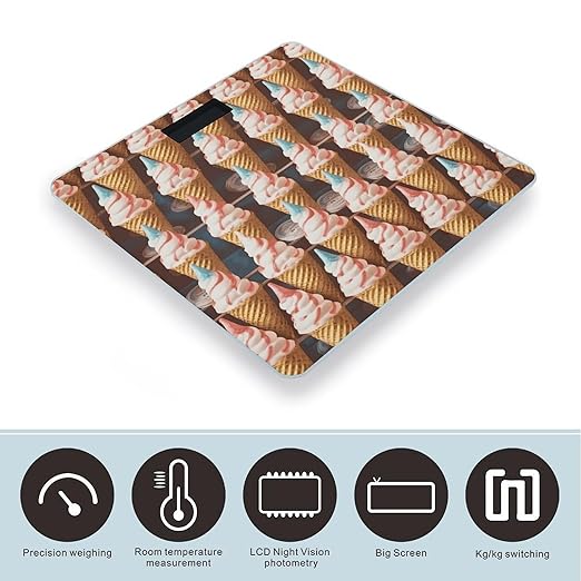 Ice Cream Cones Fifties Time Scale for Body Weight Anti-Slip Tempered Glass Digital Bathroom Scales Clear LCD Display Weighing Scale Safe Rounded Corners Smart Scales
