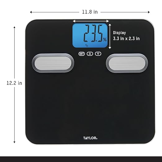 Taylor Men's Body Composition Bathroom Scale for Body Weight - 400 lb Capacity Blue Backlight Display 10-User Profiles Body Composition Analysis Fits Up to Size 12 Shoe Black
