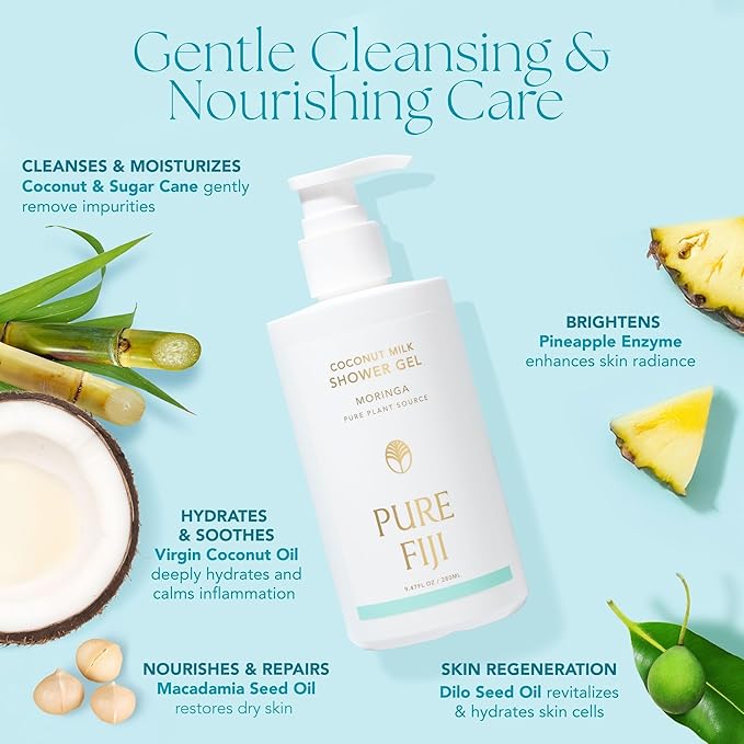 PURE FIJI Coconut Milk Shower Gel 9.47 oz / 280 ml | Hydrating Moisturizing Gentle Natural Body Wash Tropical Scent Coconut Oil Daily Skin Care (Coconut)