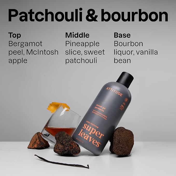 ATTITUDE Shower Gel Body Wash for Men 98% Natural Origin Ingredients Paraben &amp Phthalate Free EWG Verified Cleanses Without Drying Patchouli &amp Bourbon 14 Fl Oz (Pack of 3)
