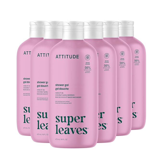 ATTITUDE Body Wash EWG Verified Shower Gel Dermatologically Tested Plant and Mineral-Based Vegan Personal Care Products Coconut &amp Wild Berries 16 Fl Oz (Pack of 6)