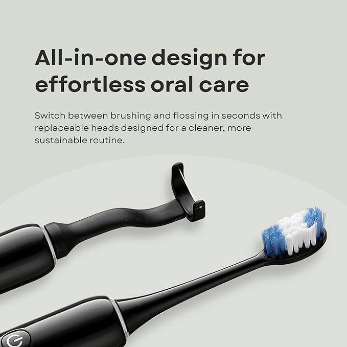 Electric Toothbrush and Flosser Combo | 2-in-1 Sonic Cleaning &amp No-Mess Mechanical Floss | 5X Faster Deep Clean | 6 Modes | 2 Toothbrush Heads + 50 Replacement Floss Heads [Black]