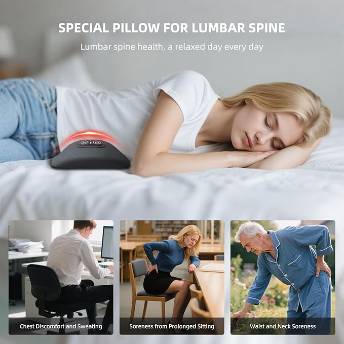 3 in 1 Electric Lumbar Support Pillow with Heat &amp Lift Traction 2026 New Triple Fusion Back Massager Lower Back Pain Relief Deep Tissue Support Pillow for Bed Car Office Chair Memory Foam (Black)