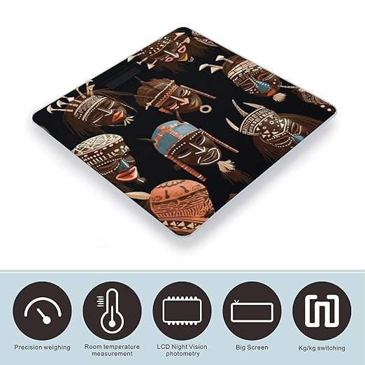 African Ritual Ethnic Tribal Scale for Body Weight Safe Rounded Corners Tempered Glass Digital Bathroom Scale LED Display 400lb Capacity Weight Scales with High Precision Sensors