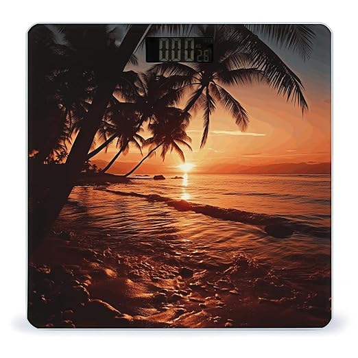 Dusk Tropical Beach Palm Scale for Body Weight Anti-Slip Tempered Glass Digital Bathroom Scales Clear LCD Display Weighing Scale Safe Rounded Corners Smart Scales