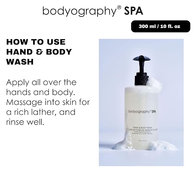 Bodyography Spa Hand &amp Body Wash Vanilla Sea Salt &amp Bourbon Fragrance 10 oz | Luxurious Vegan Cleanser &amp Bubble Bath | Hydrating Paraben-Free Gluten-Free Daily Body Care