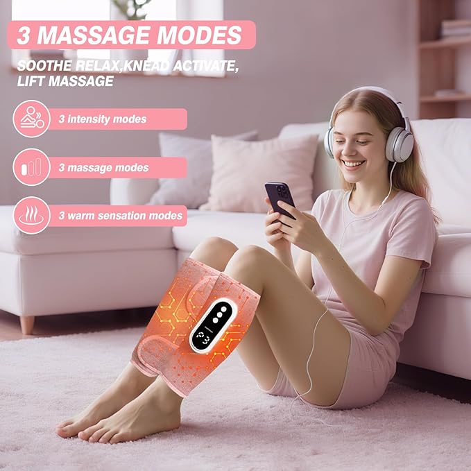 Air Compression Leg Massager Cordless Leg Compression Massager for Circulation with 3 Modes and Heat Easy to use Muscle Relaxation (Pair) (Pink)