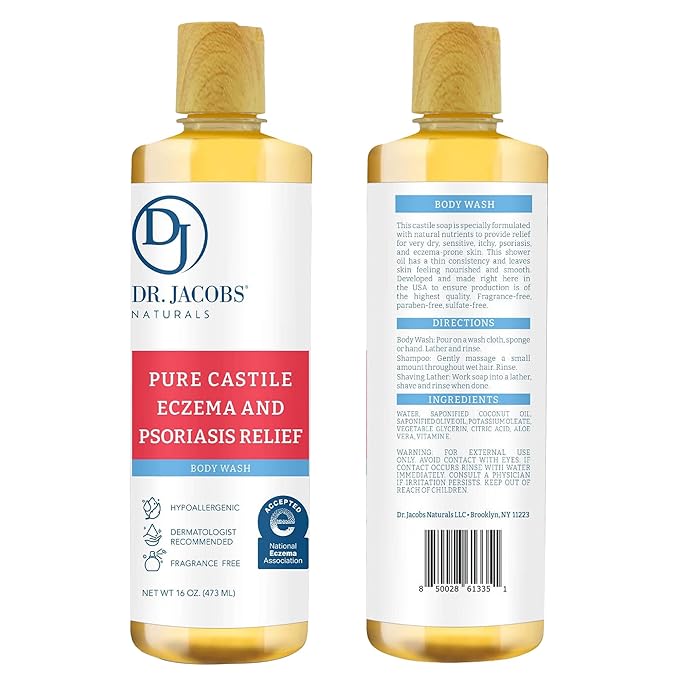 Dr. Jacobs Naturals Hypoallergenic Castile Soap Dermatologist Tested Unscented Soap for Eczema &amp Psoriasis Relief - Sensitive Skin Body Wash Vegan &amp Gluten-Free Formula for All-Day Hydration