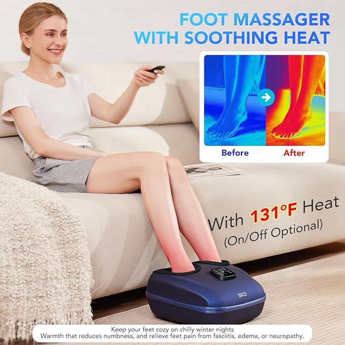 SKG YS100 Shiatsu Foot Massager with Heat and Remote Feet Massager with 3 Air Compression Modes for Plantar Fasciitis and Neuropathy Fits up to Size 13 for Men Women