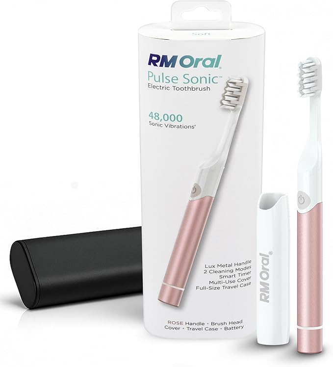 RM Oral Pulse Sonic Powered Toothbrush with 48000 Sonic Vibrations Metal Handle Soft Bristles Travel Case 2 Modes for Whitening &amp Plaque Removal 2-Minute Smart Timer Rose Gold