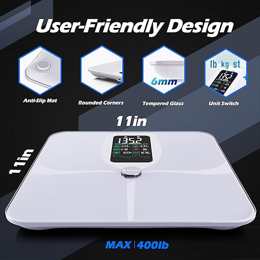 Lepulse Smart Weight Scale With BMI Body Fat Muscle Mass 4.68 Large Display With Trend High Accurate 22 Composition Scale With Heart Rate Bathroom Scale With App White
