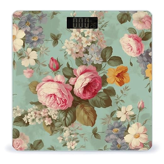 Vintage Floral Flowers Bathroom Scale Large LCD Backlight Display Digital Scale Rounded Corners Body Scales Automatic Power On/Off Bathroom Scales for Home Bedrooms