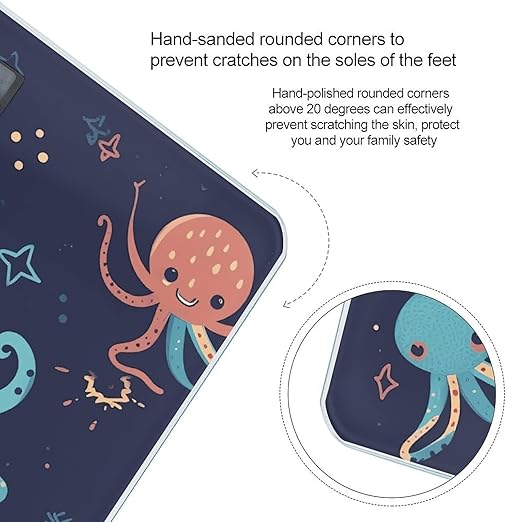 Cartoon Octopus Scale for Body Weight Safe Rounded Corners Tempered Glass Digital Bathroom Scale LED Display 400lb Capacity Weight Scales with High Precision Sensors